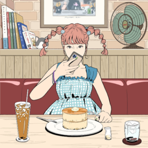 Two-tiered pancakes & ice tea, taken for Instagram